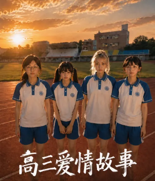 高三爱情故事短剧海报，操场上的四个女生